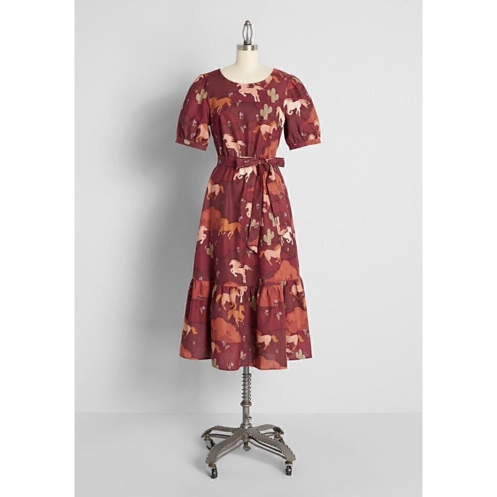 Elegant Maroon Horse Print Dress